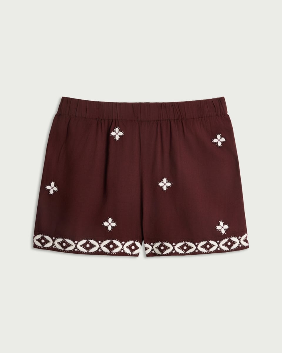image 1 of F&F Embroidered Beaded Hem Co-ord Beach Shorts in Burgundy