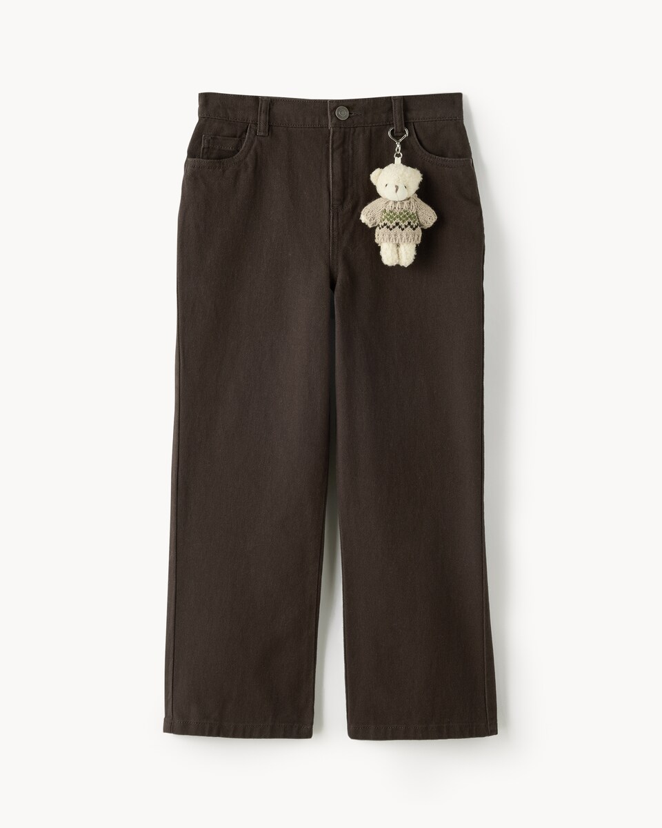 image 1 of F&F Girls Pure Cotton Bear Charm Jeans in Brown