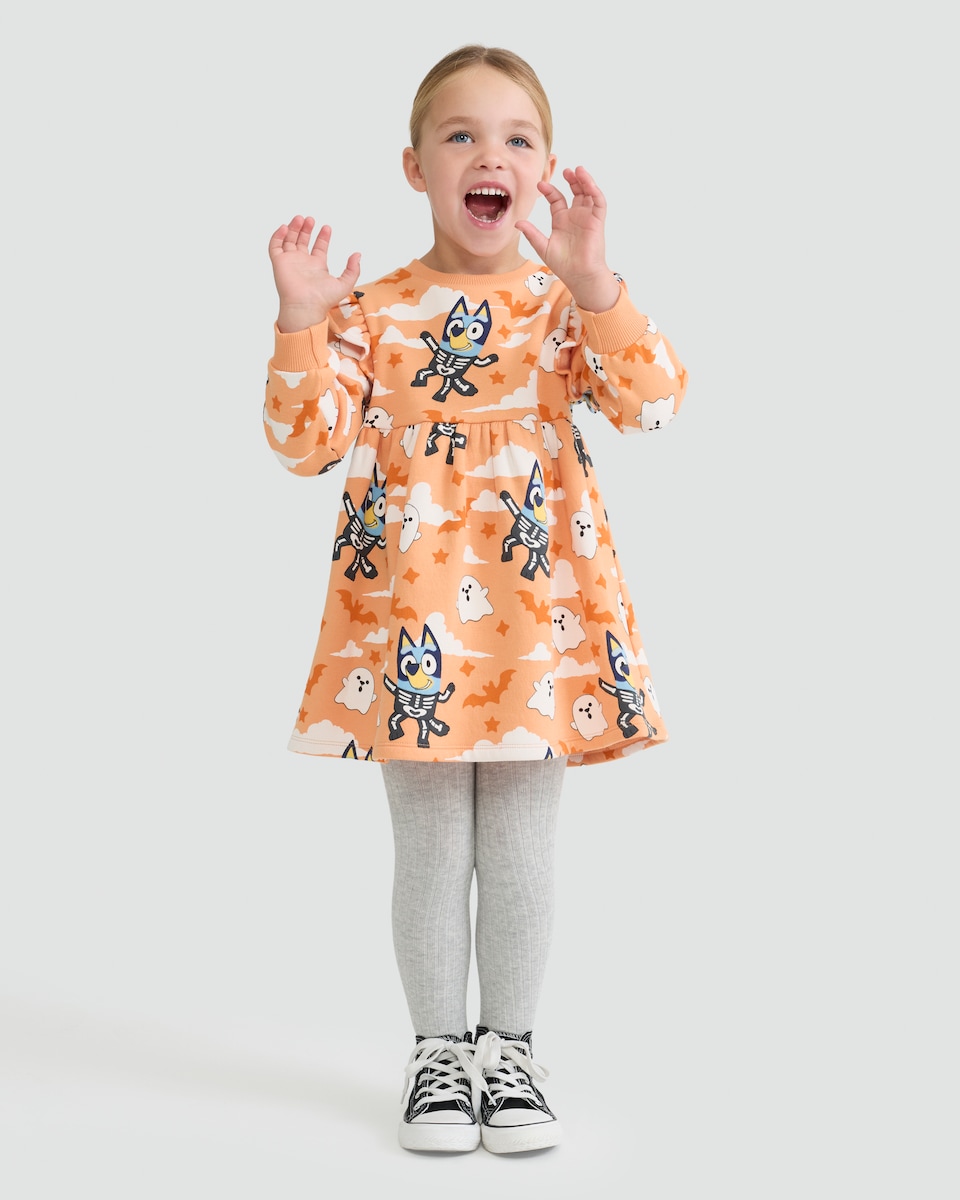 image 1 of Bluey Skeleton Print Cotton Rich Sweater Dress in Orange