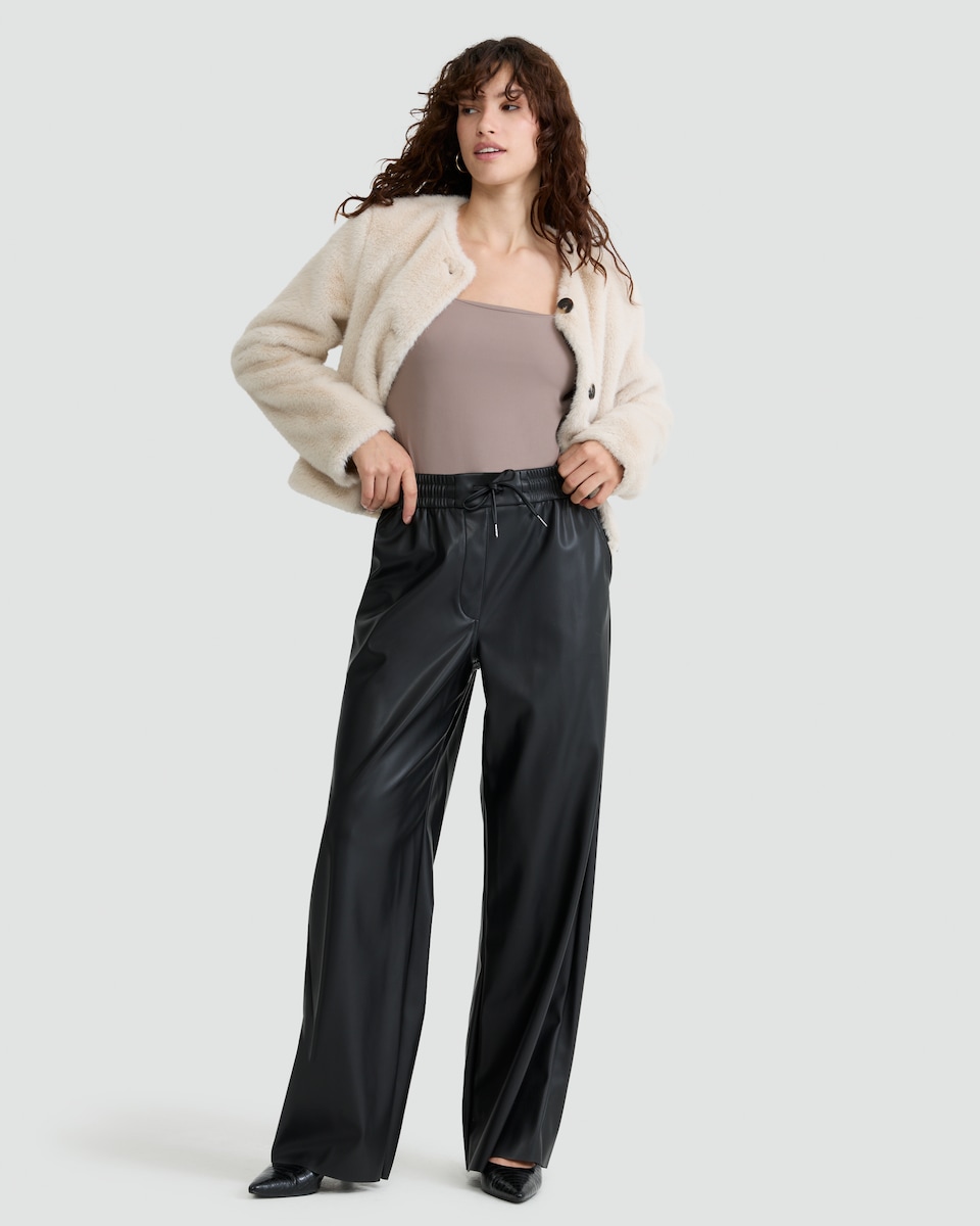 image 1 of The F&F Edit Faux Leather Wide Leg Drawstring Joggers in Black