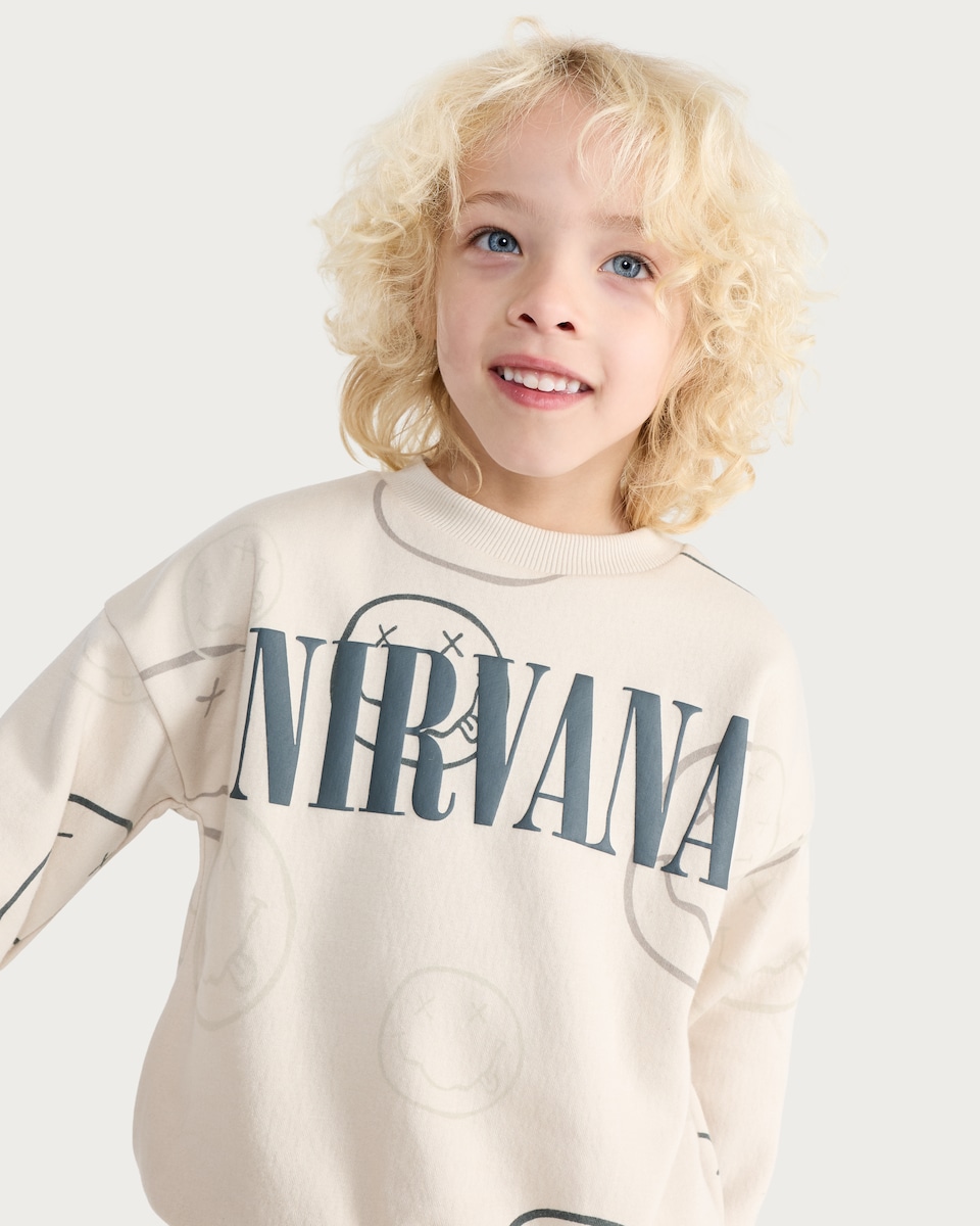image 1 of Nirvana Smiley Print Sweatshirt and Joggers Set in Cream