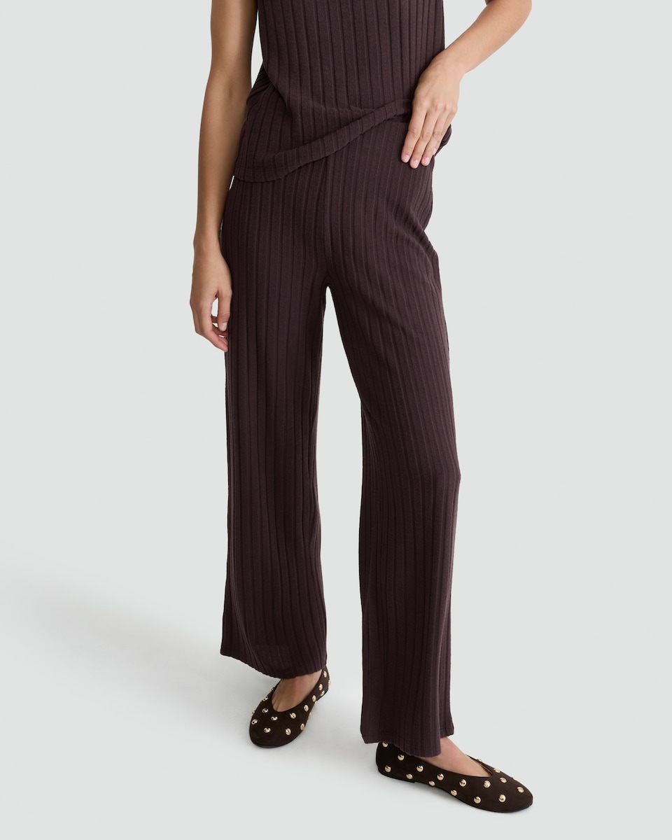 image 1 of F&F Ribbed Wide Leg Co-Ord Trousers in Brown