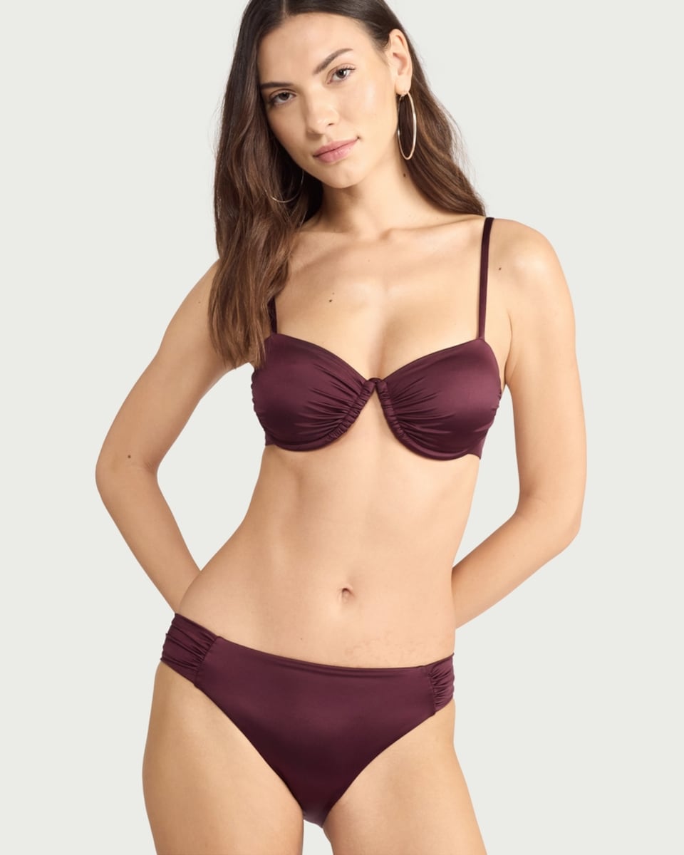 image 1 of F&F High Shine Ruched Side High Leg Bikini Bottoms in Burgundy