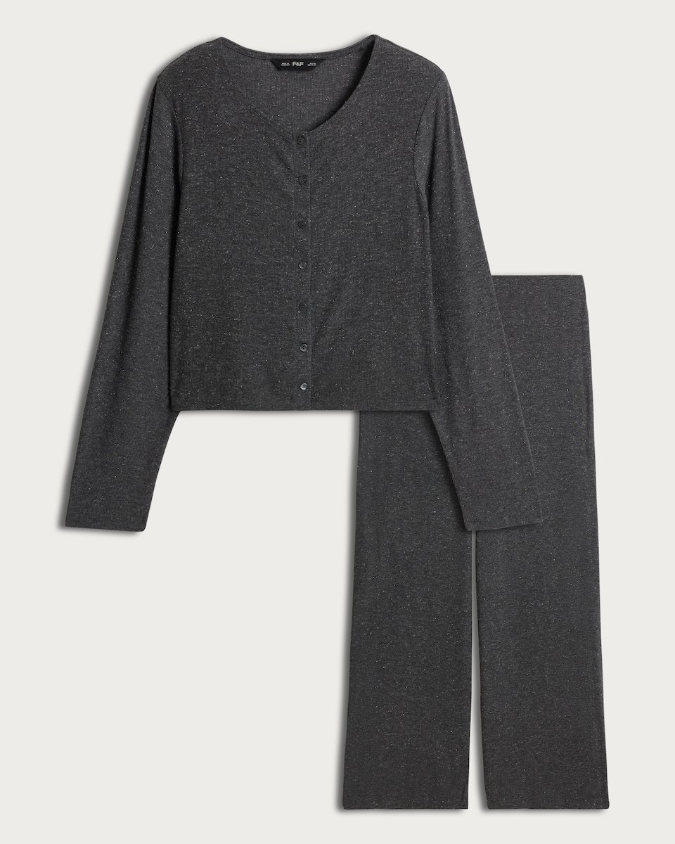 image 1 of F&F Lurex Button Front Top and Bottoms Pyjamas in Grey