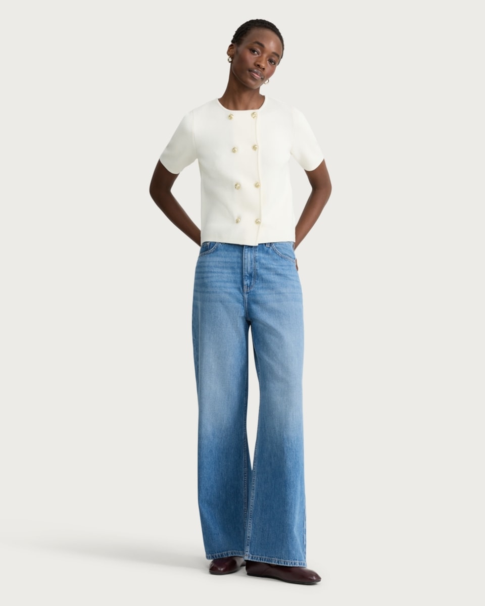 image 1 of The F&F Edit Knitted Double Breasted Short Sleeved Cardigan in Cream