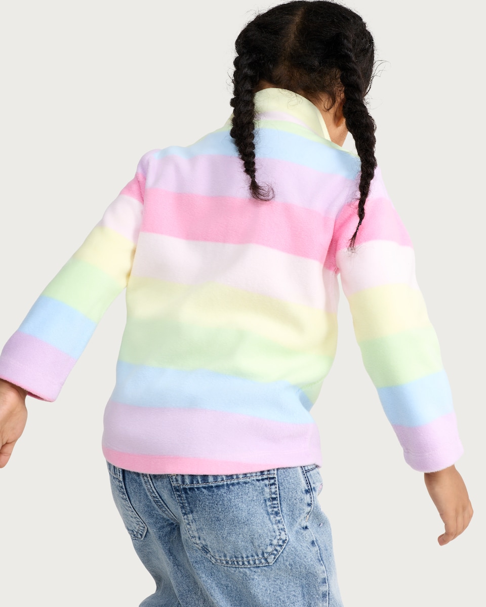 image 1 of F&F Girls Fleece Rainbow Stripe Print Zip Up Jacket in Multi