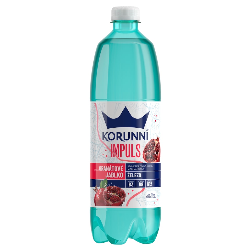 Korunní Impuls s příchutí granátové jablko jemně perlivá ochucená minerální voda 0,75l