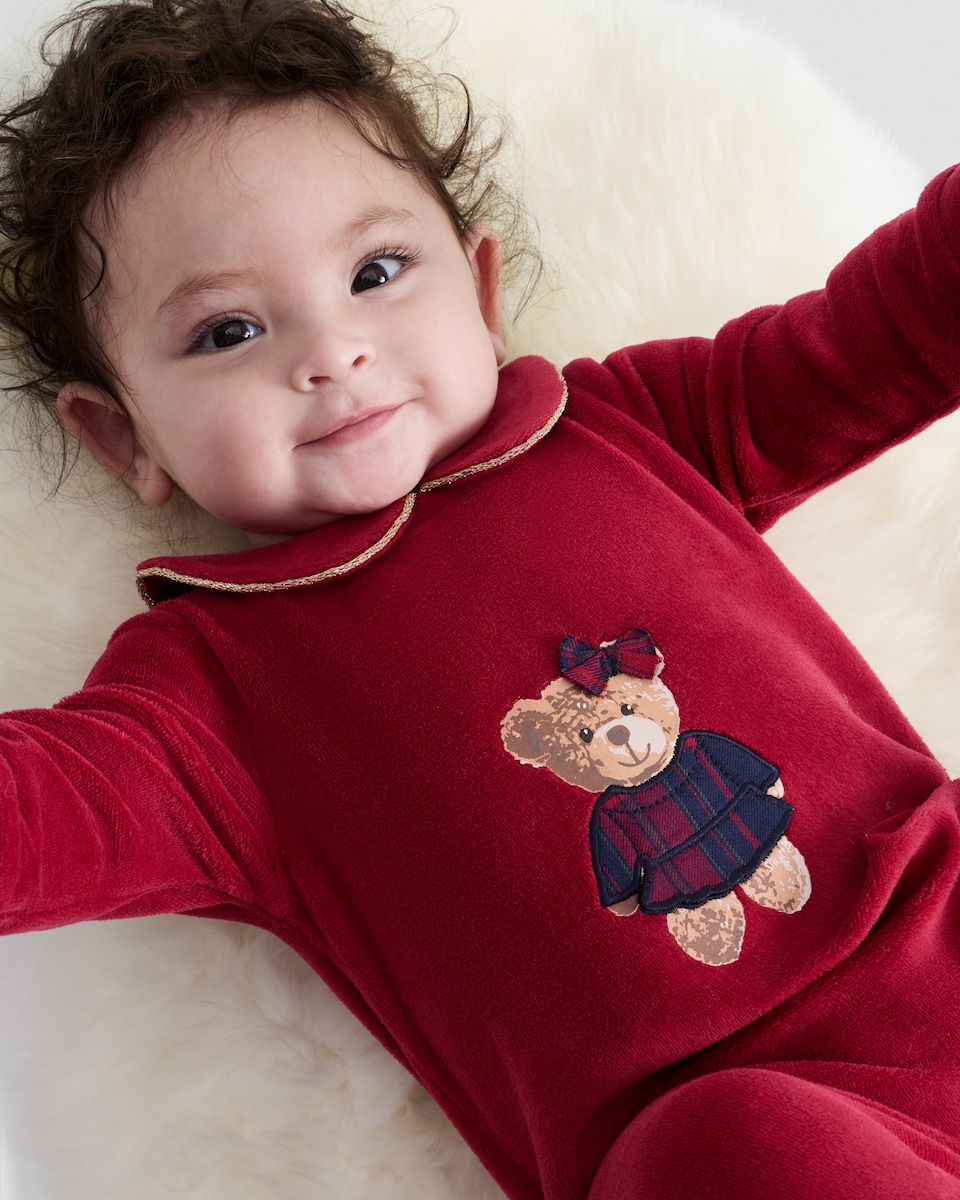 image 1 of F&F Baby Velour Teddy Bear Sleepsuit in Red