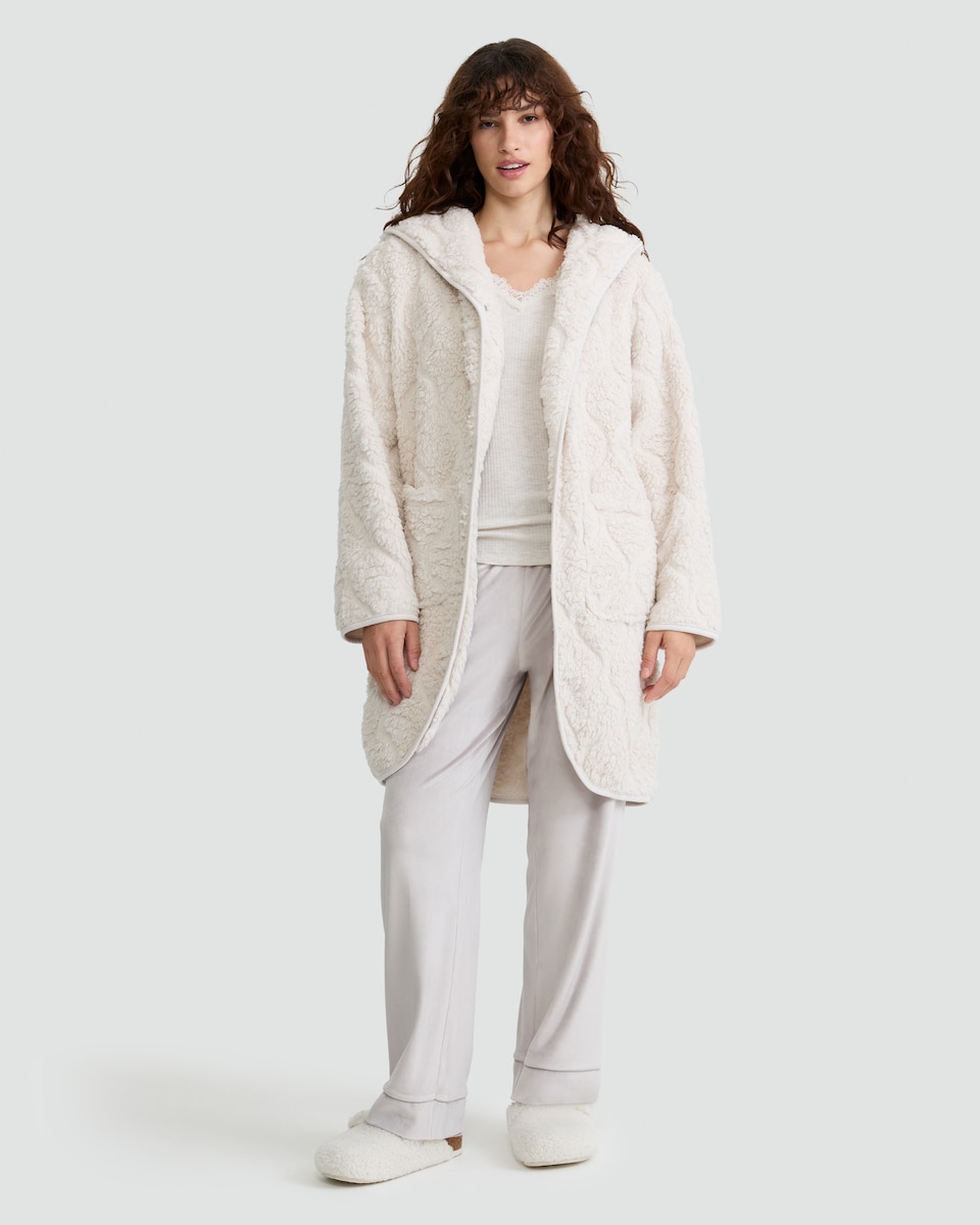 image 1 of F&F Quilted Fleece Hooded Pyjama Cosy Top in Cream