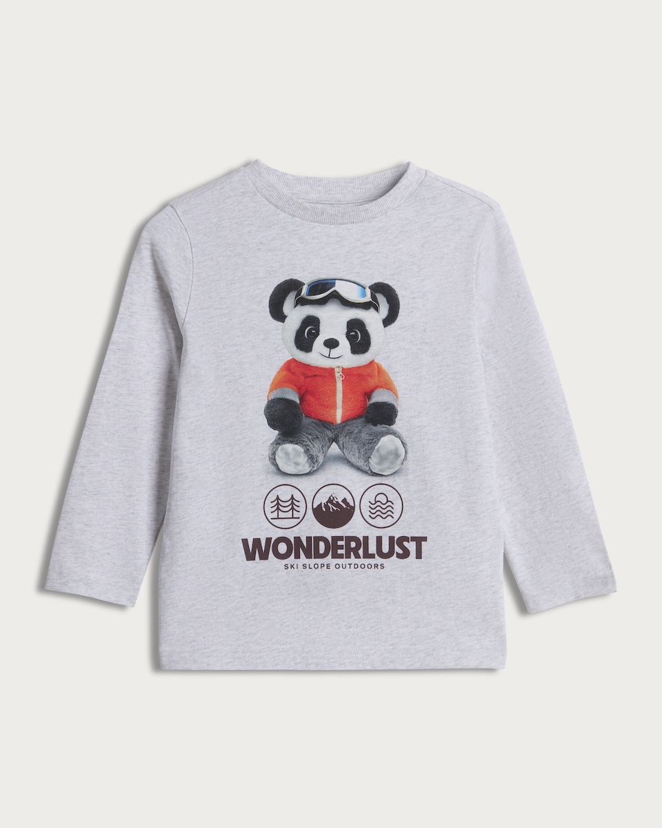 image 1 of F&F Boys Pure Cotton Wonderlust Panda Long Sleeved Top in Grey Marl