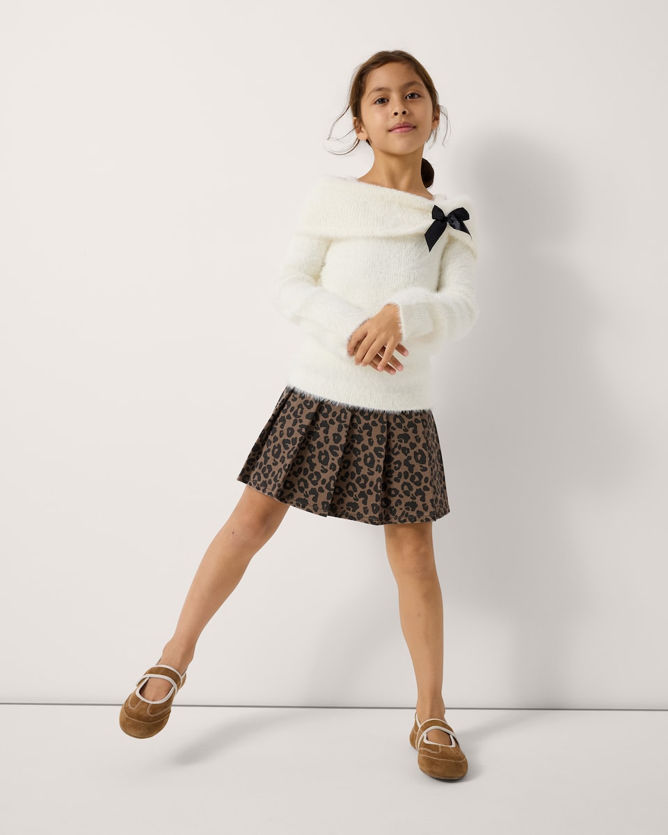 image 1 of F&F Girls Pure Cotton Leopard Print Pleated Skirt in Multi Brown