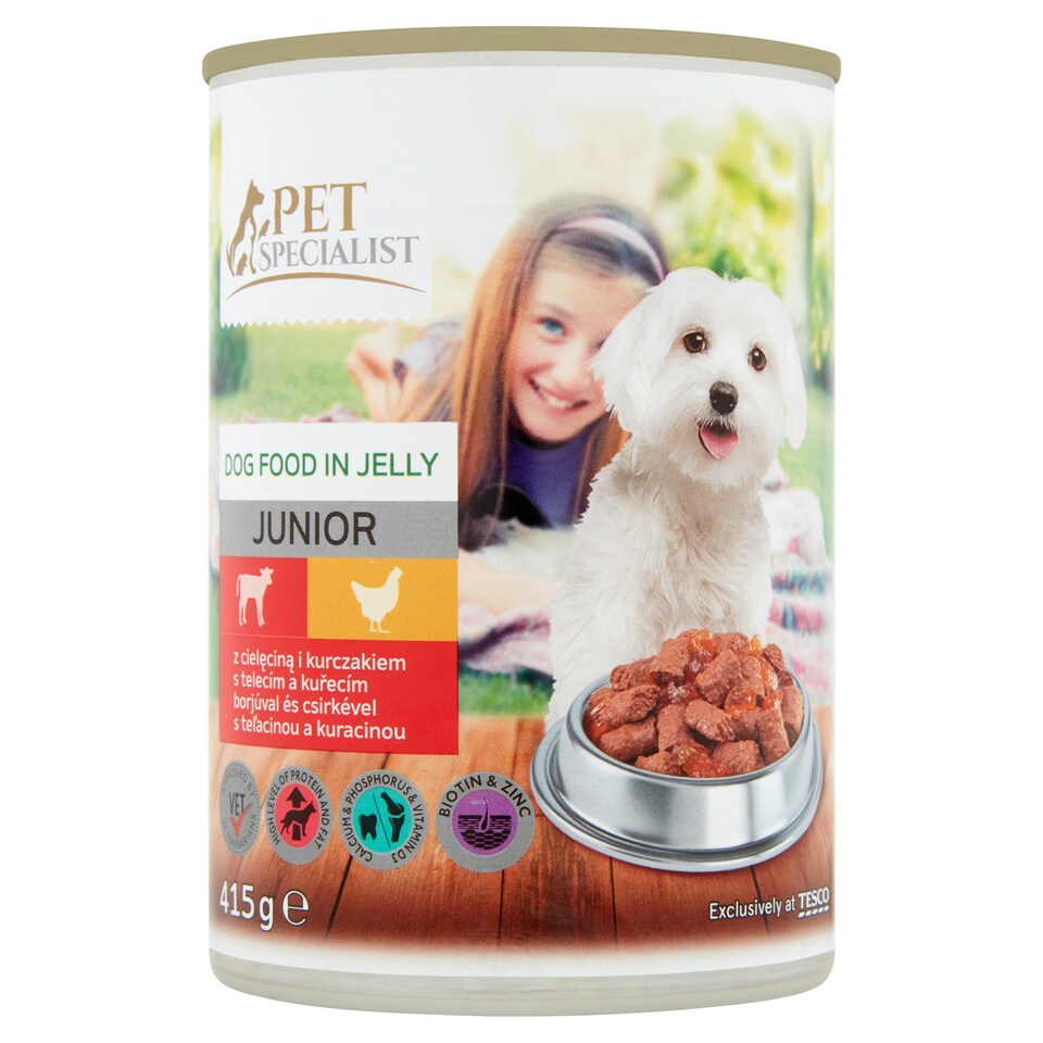 Tesco Pet Specialist Junior kúsky s teľacinou a kuracinou v želé 415 g