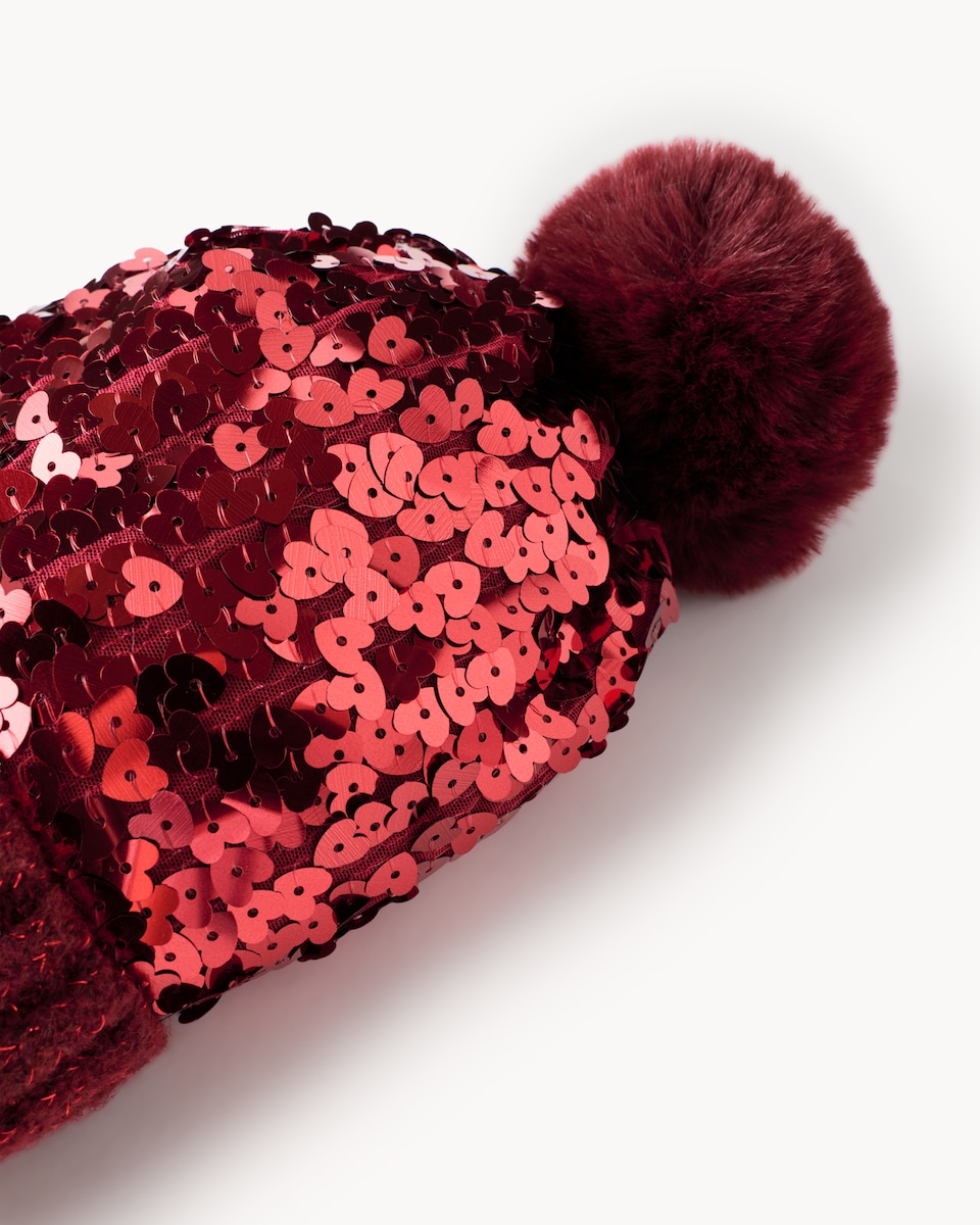 image 1 of F&F Girls Sequin Pom Pom Beanie Hat in Burgundy