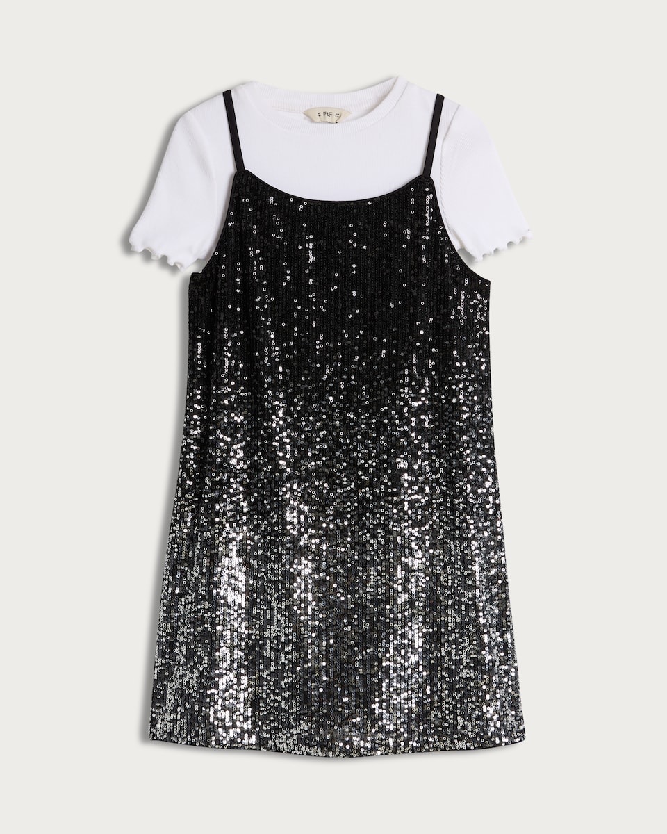 F&F Girls Sequin Dress and Cotton Rich T-Shirt Set in Silver