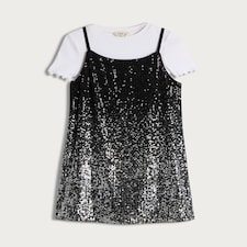 F&F Girls Sequin Dress and Cotton Rich T-Shirt Set in Silver