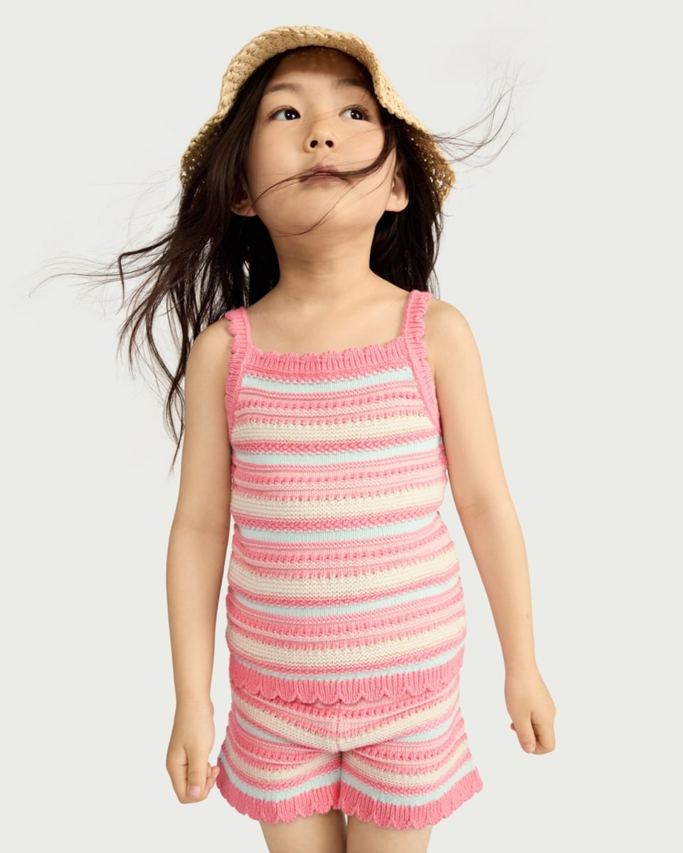 image 1 of F&F Girls 2-Piece Cotton Rich Striped Knitted Vest and Shorts Set in Multi Pink