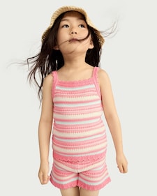 F&F Girls 2-Piece Cotton Rich Striped Knitted Vest and Shorts Set in Multi Pink