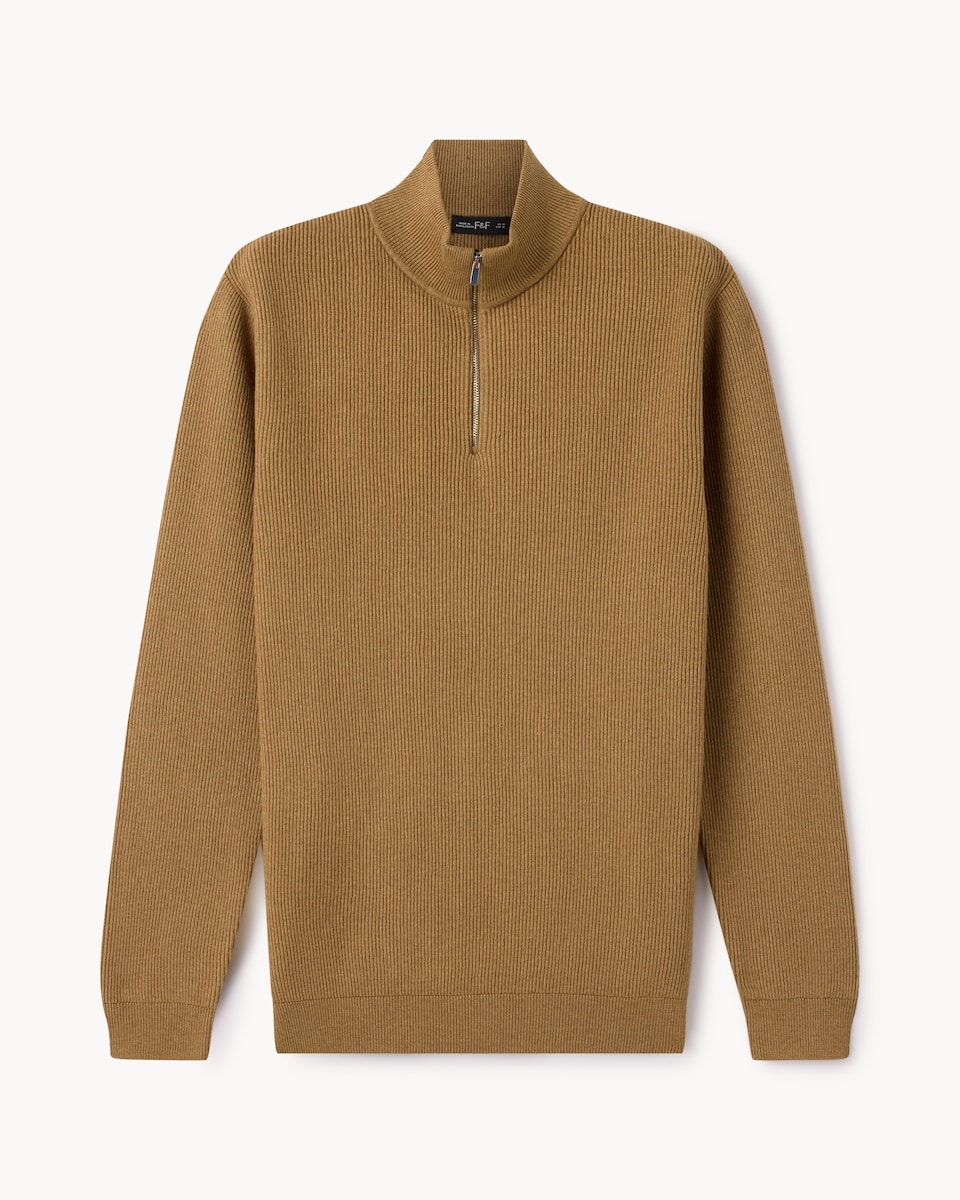image 1 of F&F Ribbed Half Zip Jumper in Camel