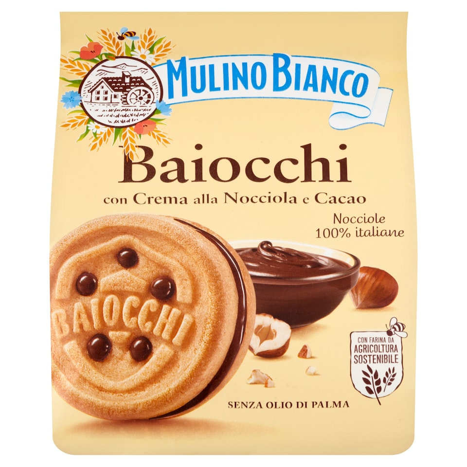 Mulino Bianco Baiocchi mogyorós és kakaós krémmel töltött édes keksz 260 g