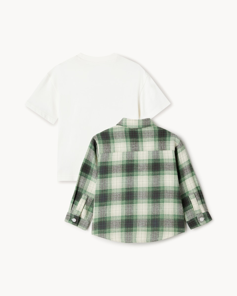 image 1 of F&F Boys 2-Piece Pure Cotton Checked Shirt and T-Shirt Set in Green