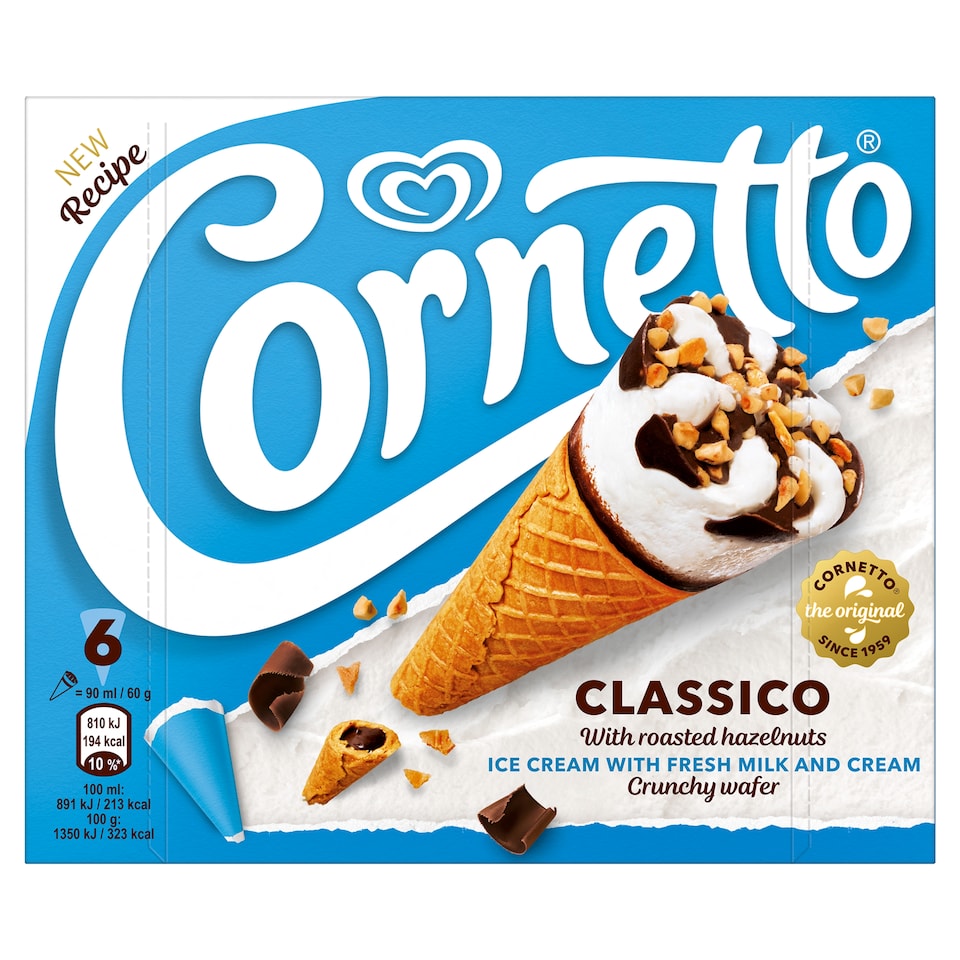 Cornetto Classico Vanilla-Flavored Milk Ice Cream in Cocoa-Coated Wafer Cone 6 x 90 ml (540 ml)