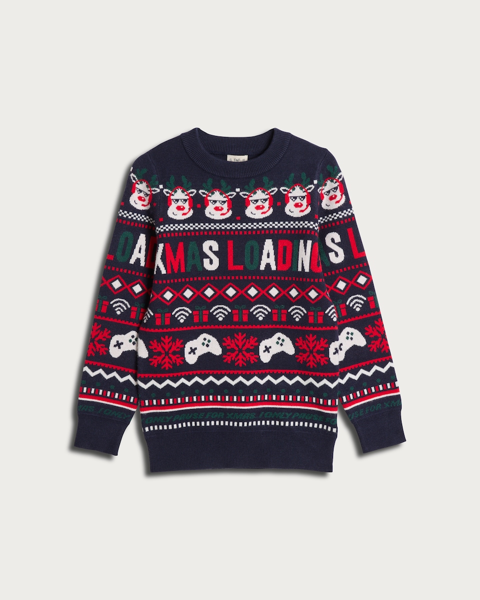 image 1 of F&F Boys Christmas Loading Print Jumper in Navy