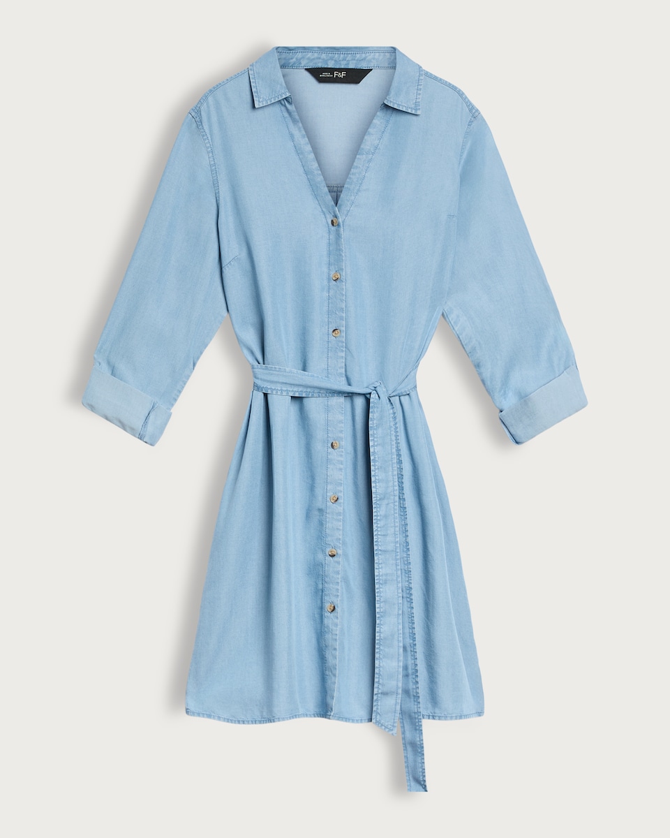 image 1 of F&F TENCEL™ Button Front Belted Mini Shirt Dress in Blue