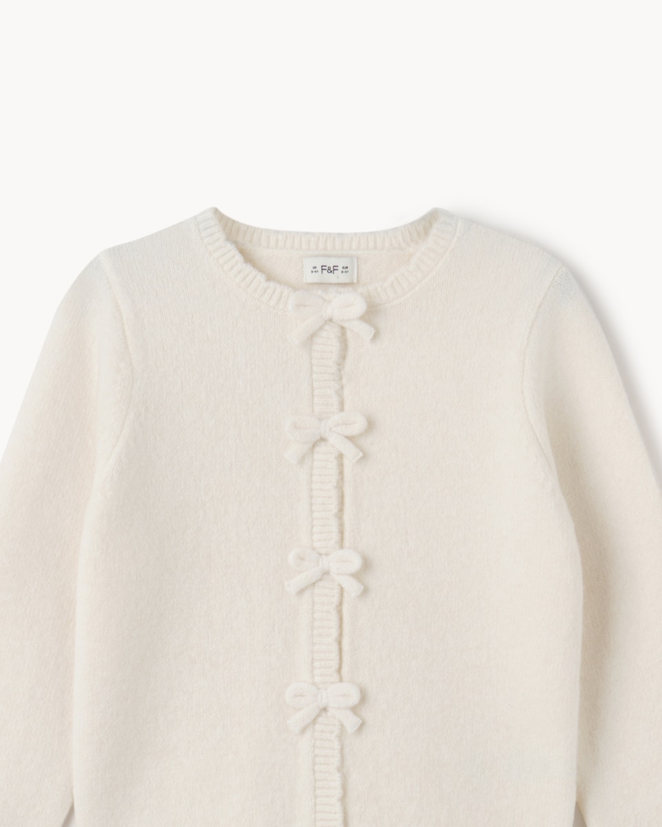 image 1 of F&F Girls Bow Detail Cardigan in Neutral