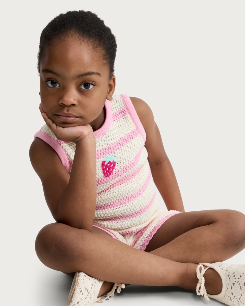 image 1 of F&F Girls 2-Piece Pure Cotton Knitted Strawberry Striped Vest and Shorts Set in Pink