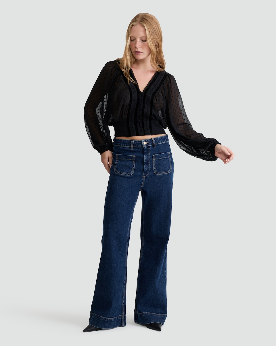 image 1 of F&F Chiffon Dobby Velvet V Neck Blouse in Black