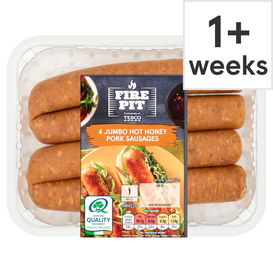 Tesco Fire Pit 4 Jumbo Hot Honey Pork Sausages 400G