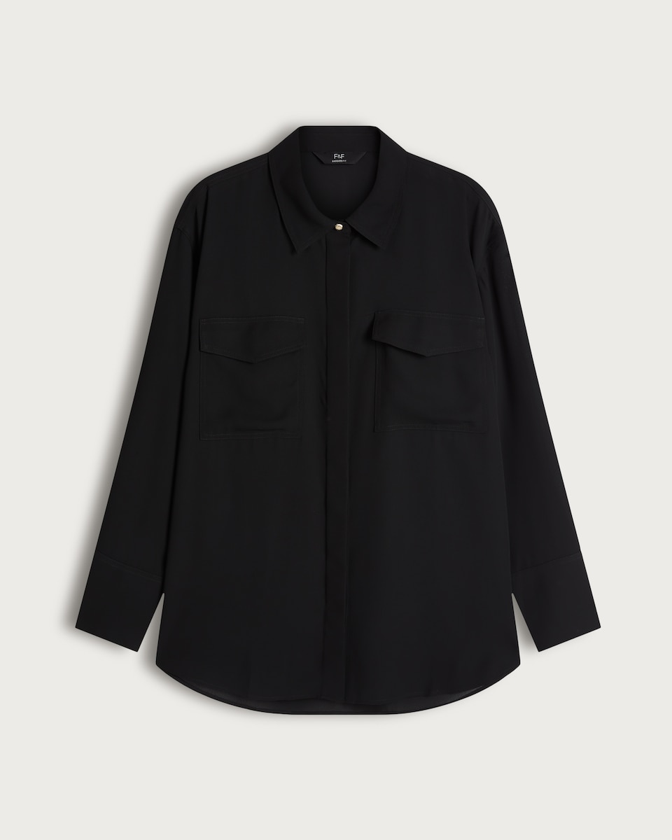 F&F Satin Long Sleeved Pocket Front Shirt in Black