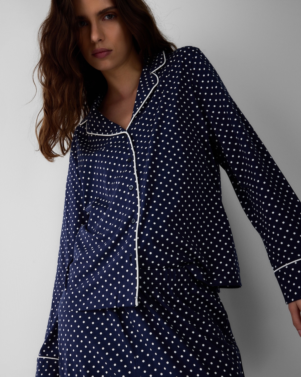 image 1 of F&F Pure Cotton Polka Dot Revere Pyjama Set in Navy