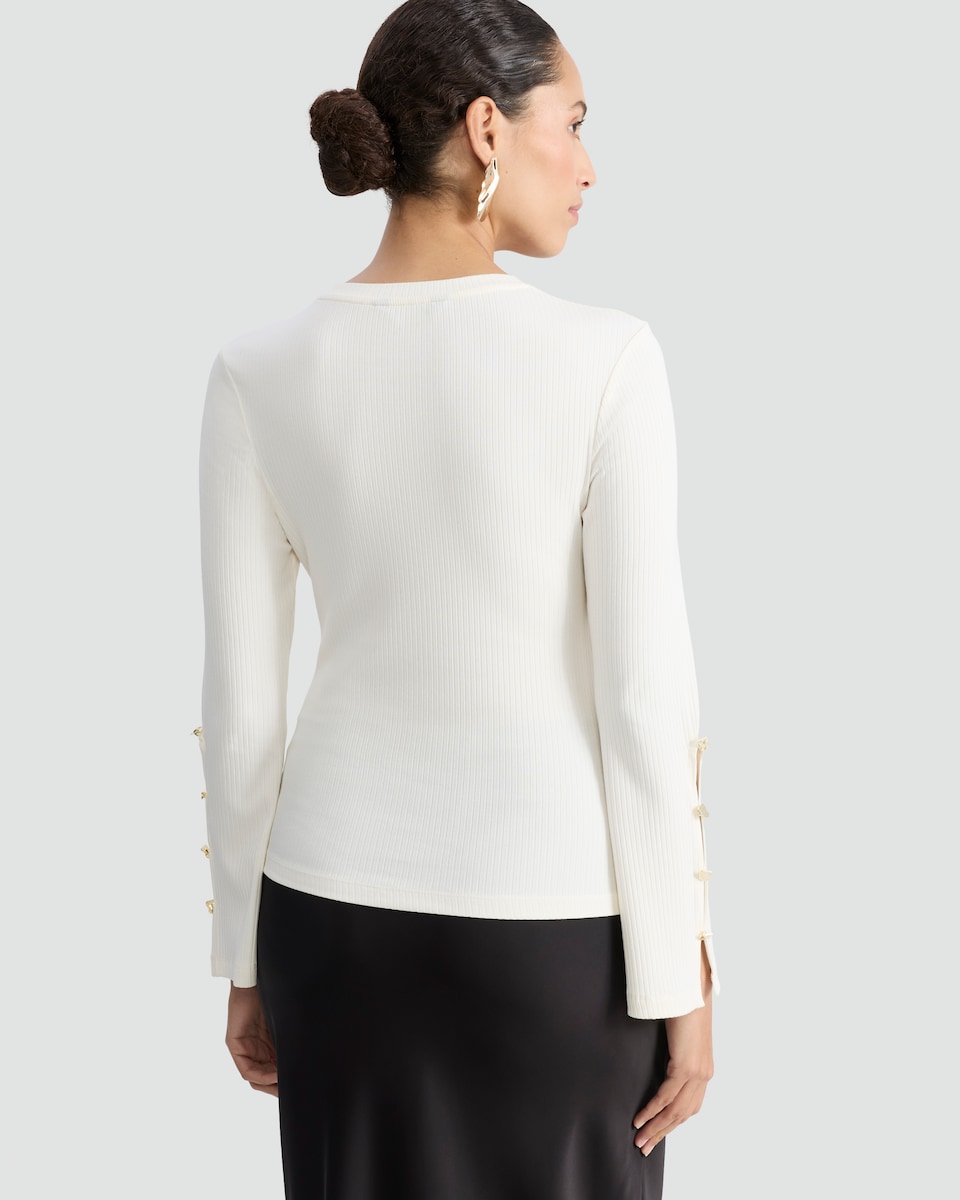 image 1 of F&F Ribbed Long Sleeved Button Accent Top in Cream