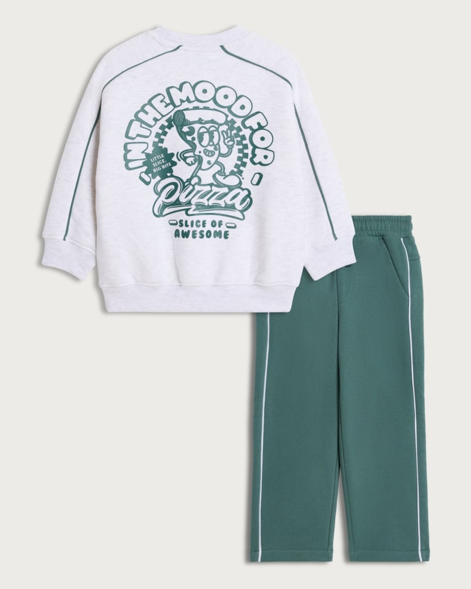 image 1 of F&F Boys 2-Piece Cotton Rich Pizza Print Sweatshirt and Wide Leg Joggers Set in Green