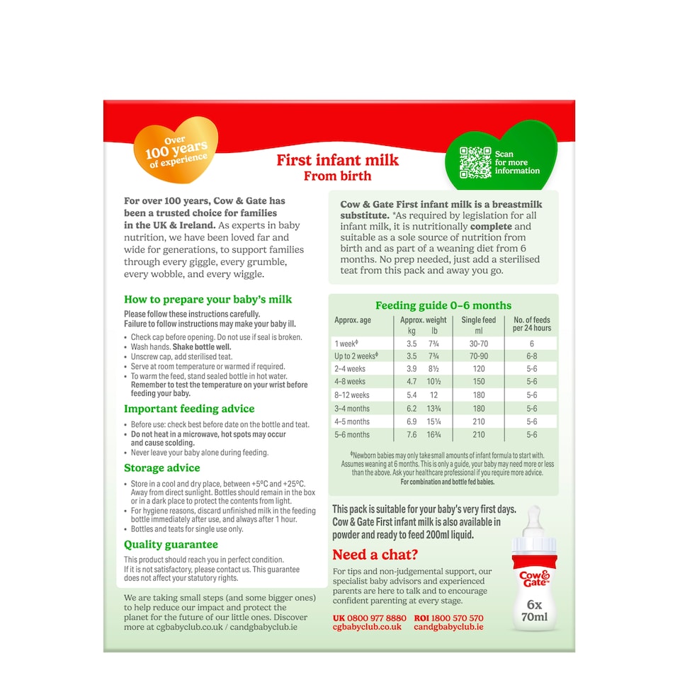 image 1 of Cow & Gate First Infant Milk Formula Starter Pack From Birth 6 x 70ml