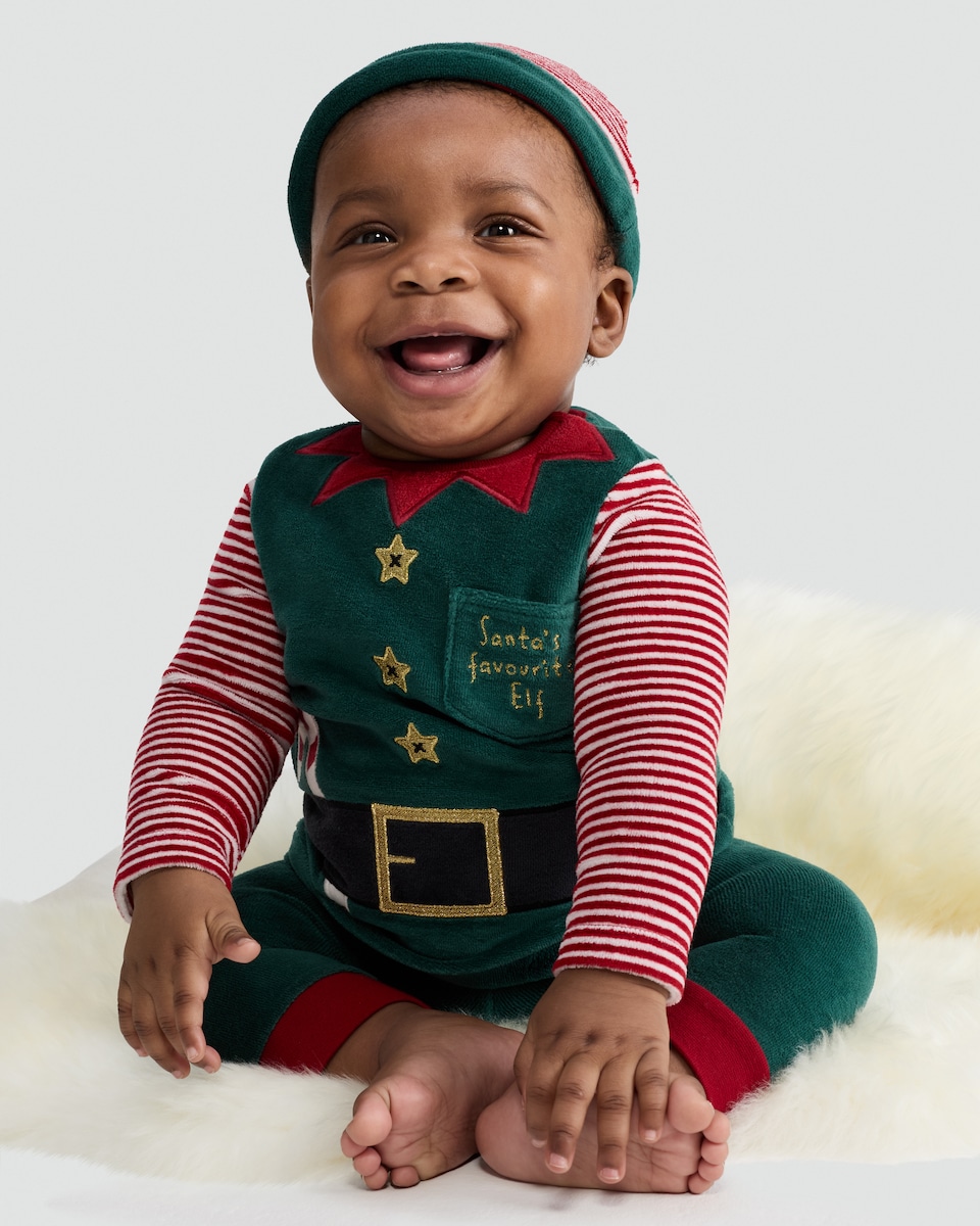 image 1 of F&F Baby 3-Piece Velour Santa's Favourite Elf Outfit in Green