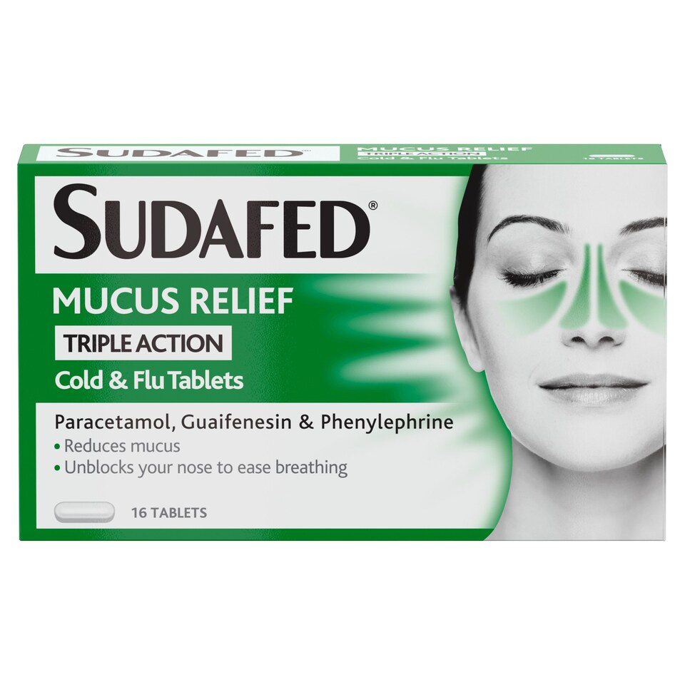 Sudafed Mucus Relief Triple Action Cold & Flu Pack of 16 Tesco Groceries