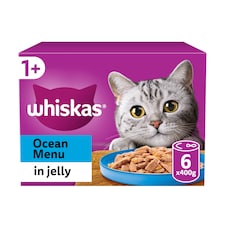 Whiskas Adult Cat Food Tin Cans Ocean Menu in Jelly 6x400g