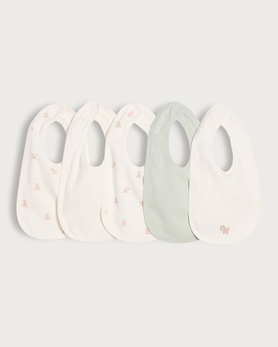 image 1 of F&F Baby 5-Pack Pure Cotton Animal Print Bibs in White