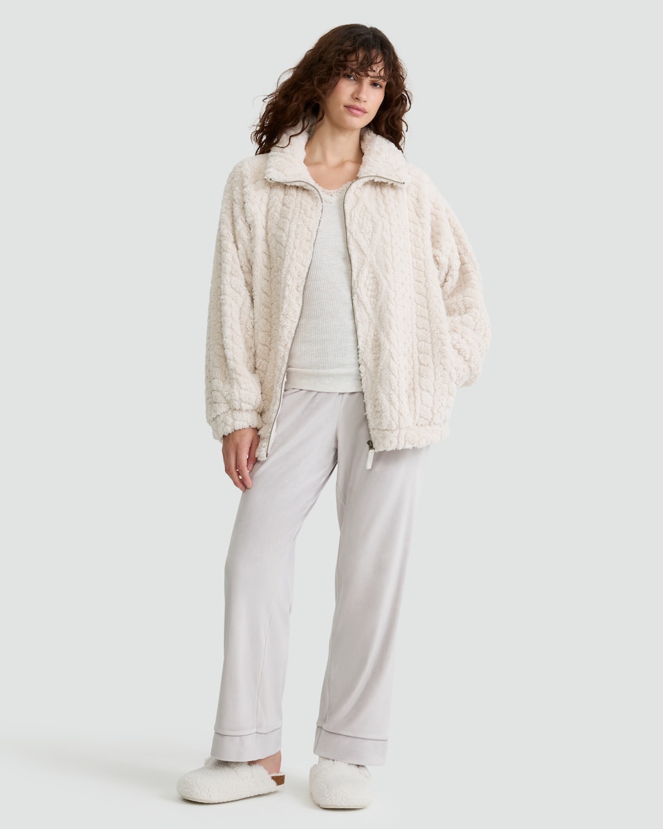 image 1 of F&F Fleece Cable Knit Zip Up Pyjama Jacket in Cream