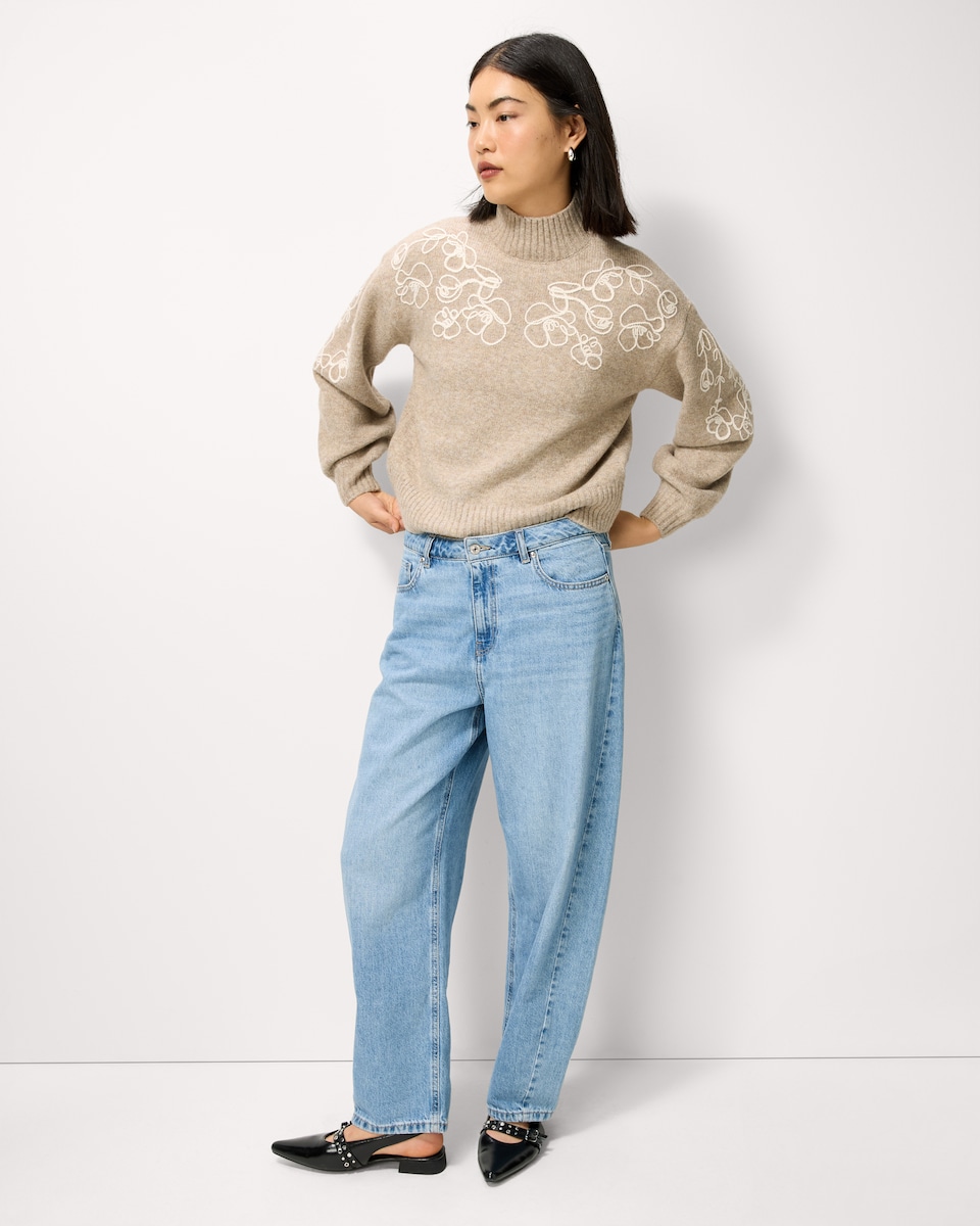 image 1 of F&F High Neck Cornelli Embroidered Jumper in Neutral