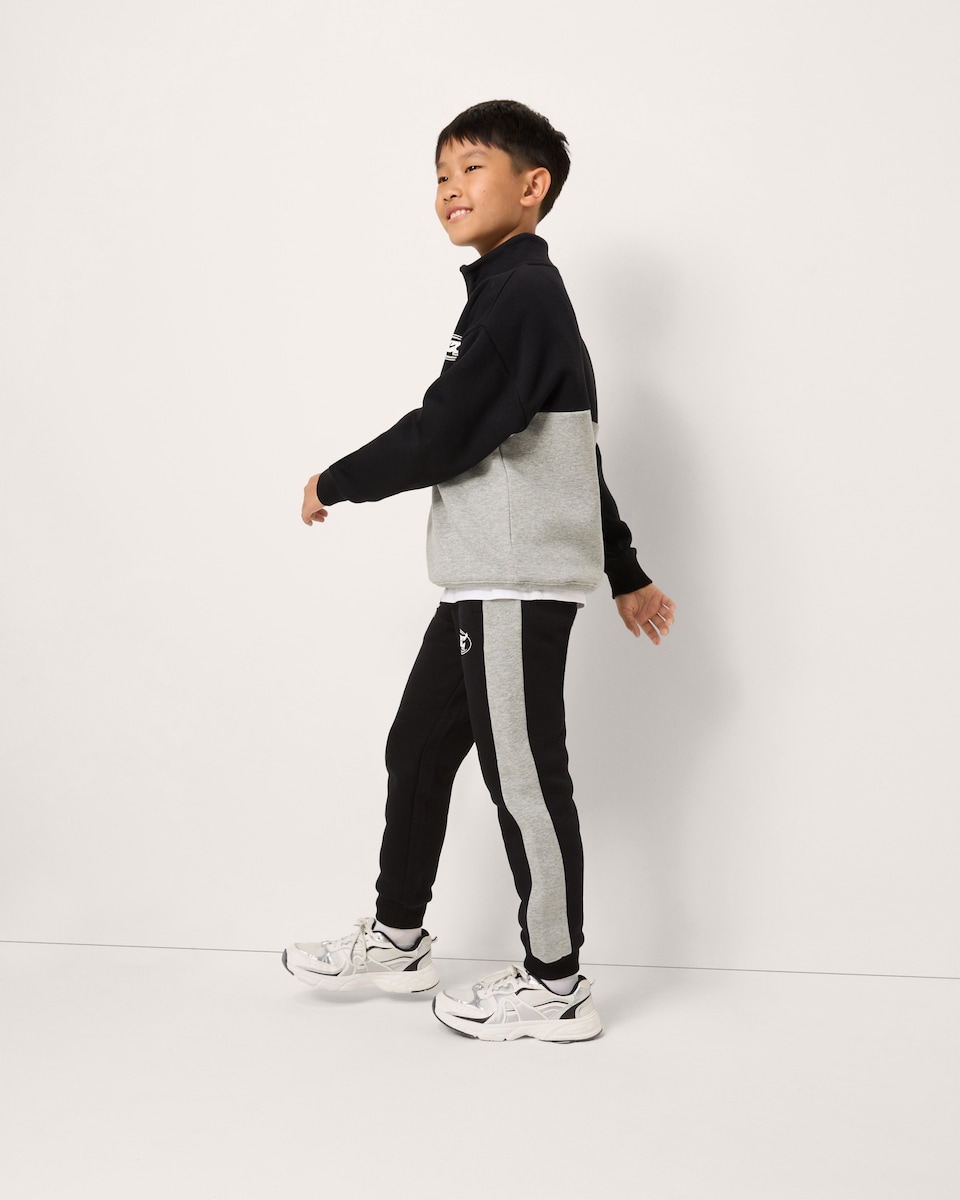 image 1 of F&F Boys Cotton Rich Colour Block Half Zip Sweatshirt and Joggers Set in Black