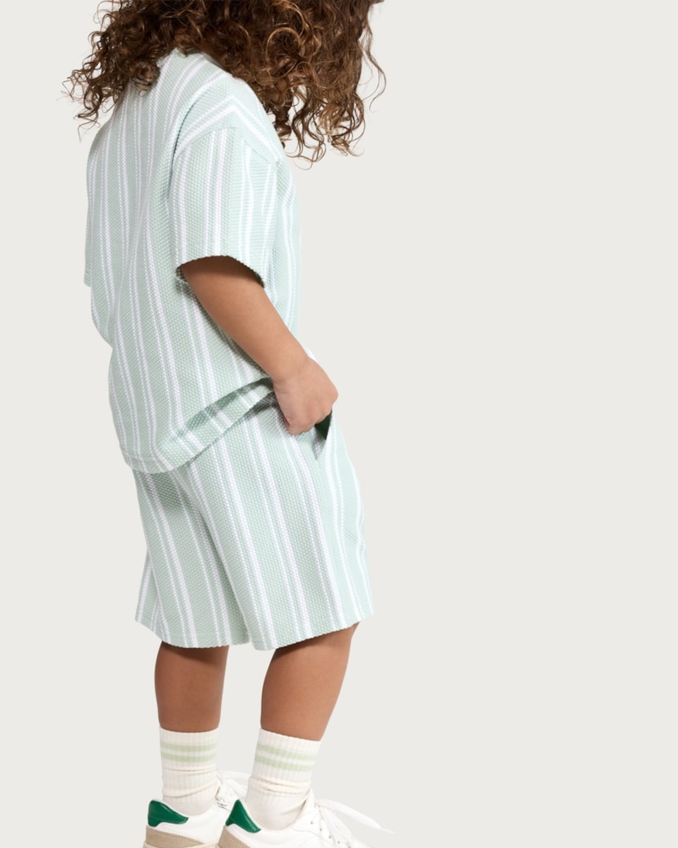 image 1 of F&F Boys 2-Piece Cotton Rich Textured Striped T-Shirt and Shorts Set in Mint