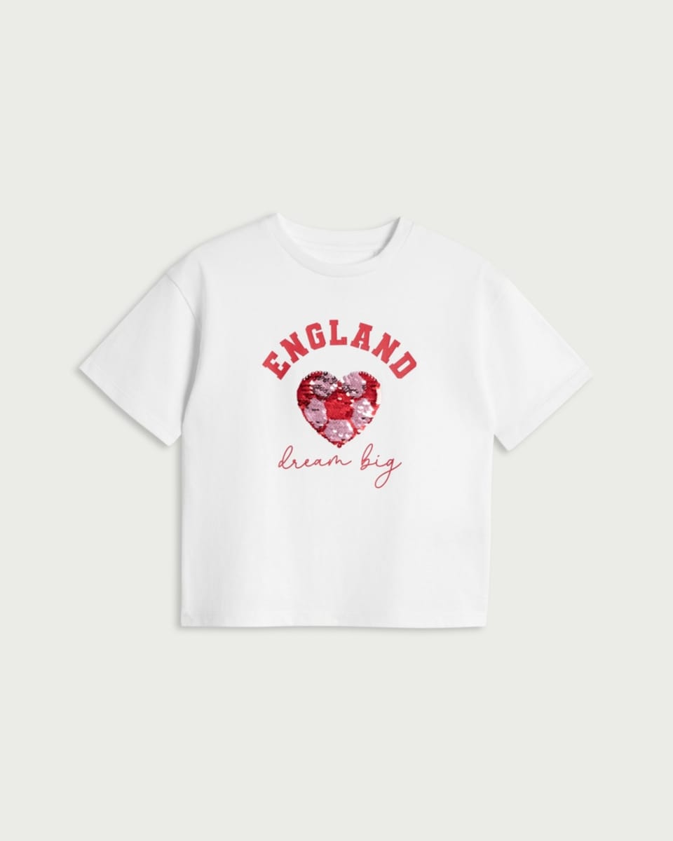 image 1 of F&F Girls Pure Cotton England Sequin T-Shirt in White