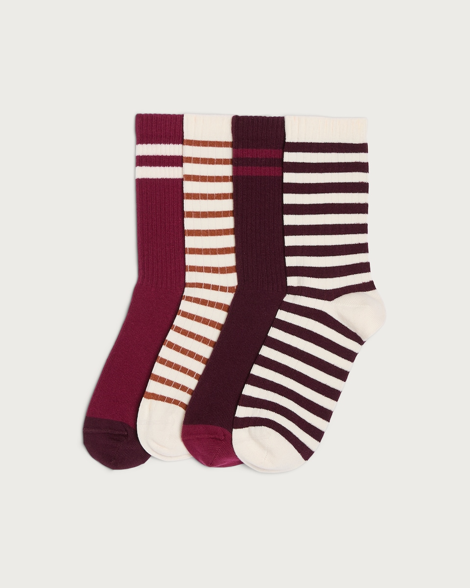 F&F 4-Pack Cotton Rich Ribbed Stripe Print Ankle Socks in Multi