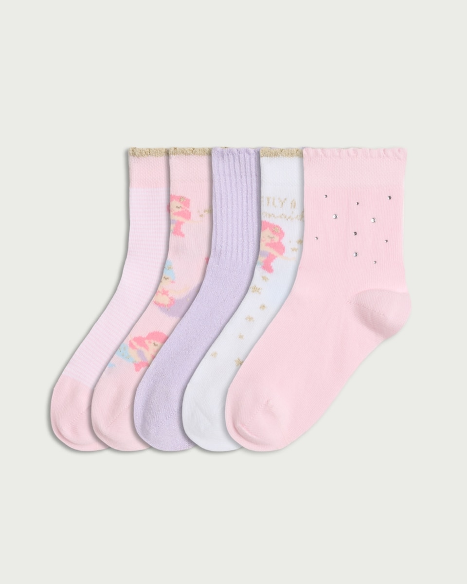 F&F Girls 5-Pack Cotton Rich Mermaid Print Crop Socks in Multi