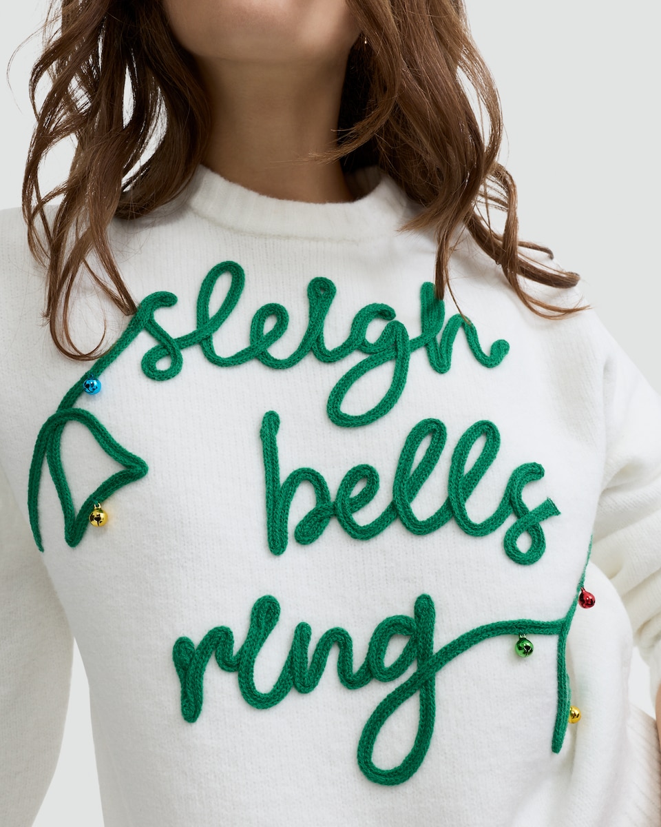 image 1 of F&F Knitted Sleigh Bells Ring Slogan Jumper in Cream