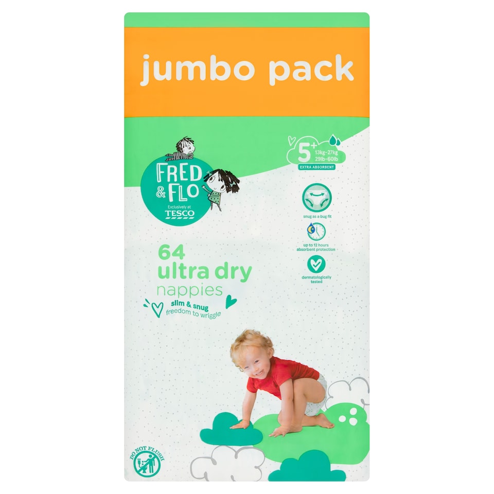 Fred & Flo Ultra Dry Nappies Size 5+ Jumbo Pack 64 Pack