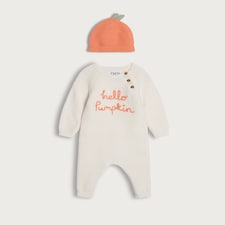 F&F Baby Pure Cotton Knitted Hello Pumpkin Romper and Hat in White